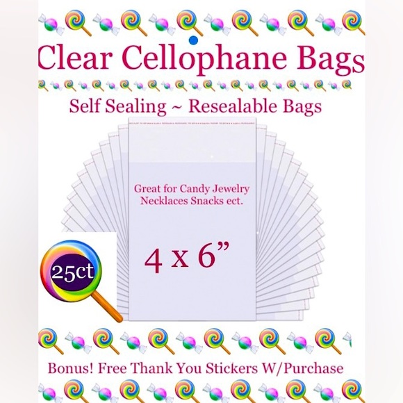 25ct-4x6” Clear Cello Bags w/Free Stickers 🍭🆕🍭Resealable Boutique Style Bags - Picture 1 of 11